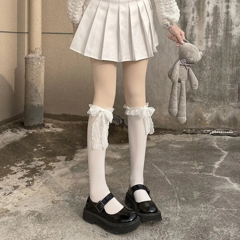 Nylon Lace Bowknot Knee High Socks