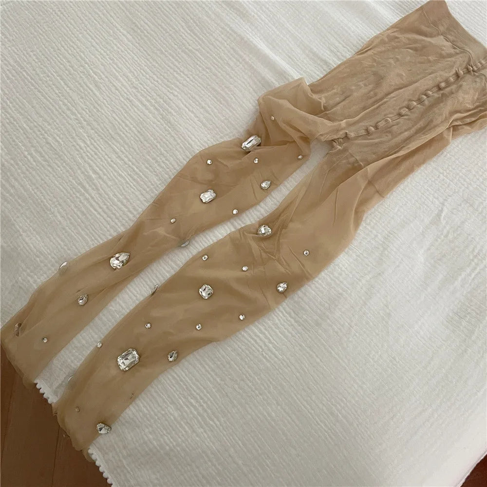 Rhinestone Embellished Nylon Elastic Tights