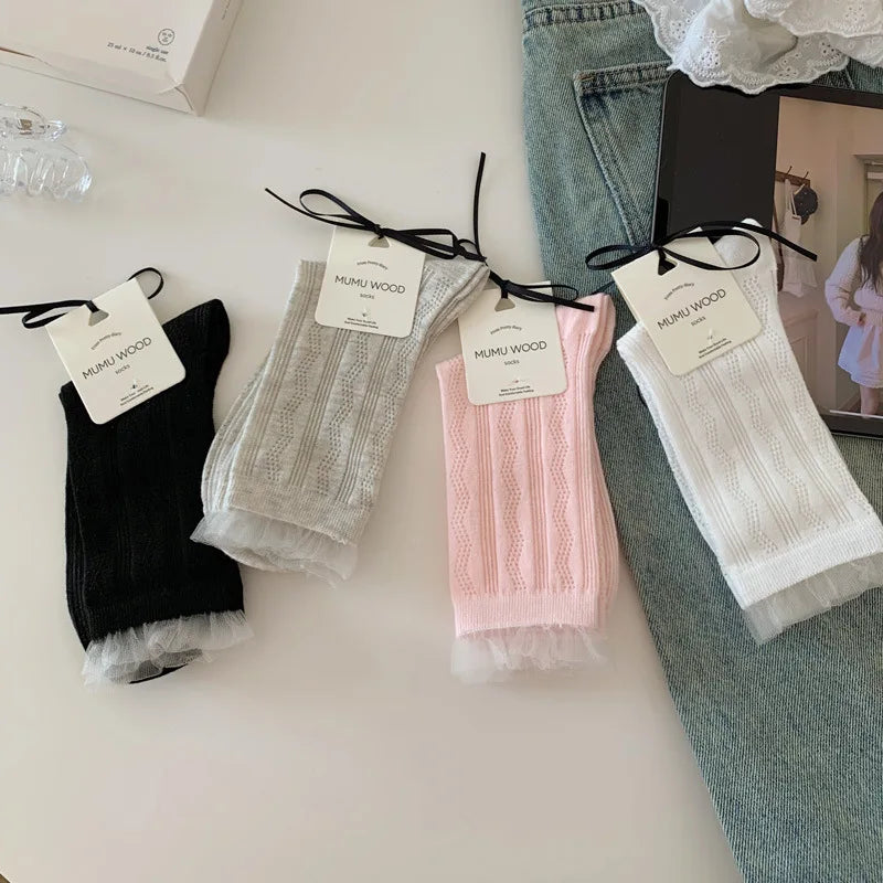 4 Pairs Polyester Elastane Lace Edge Mid Tube Socks - 6