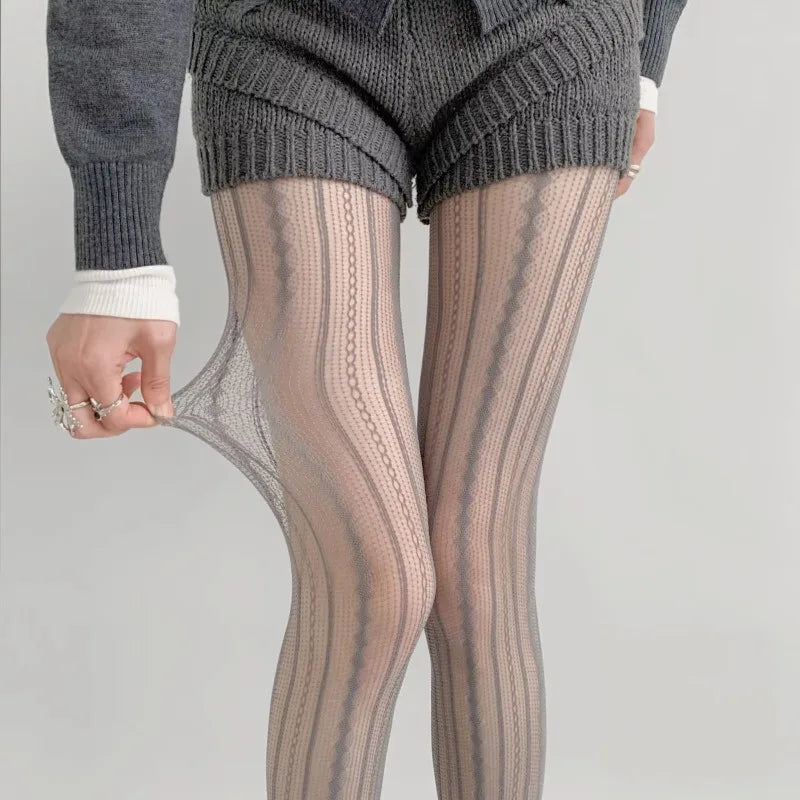 Red Nylon Striped Fishnet Tights for Women - 16