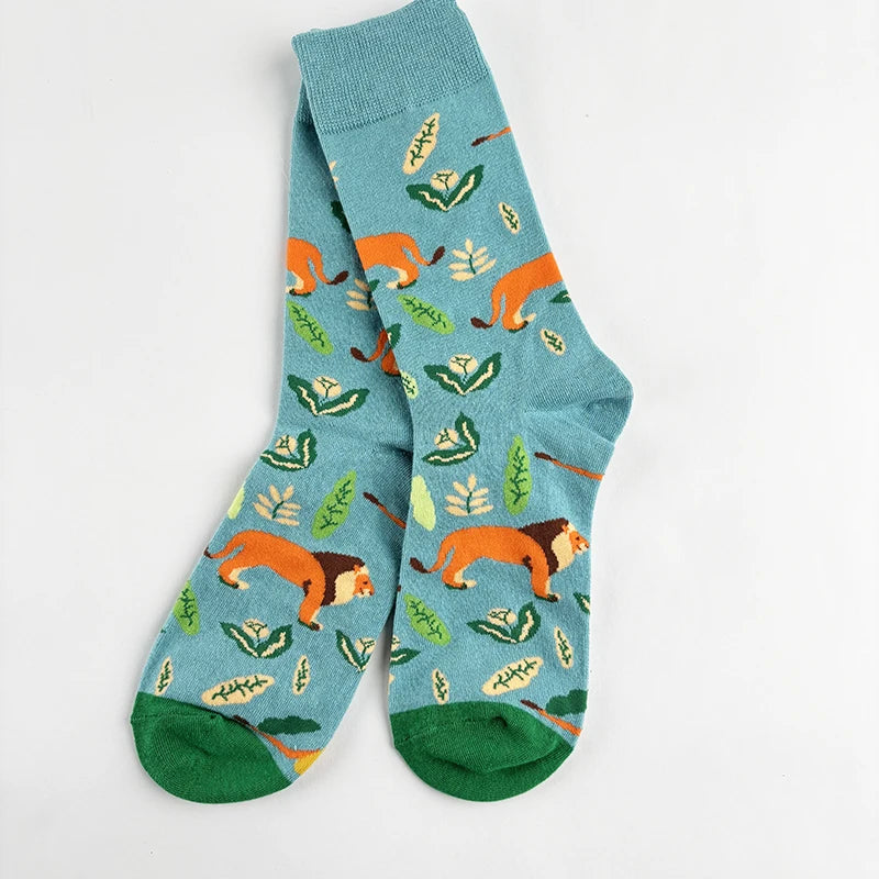 Cotton Blend Lion Print Mid Calf Casual Socks