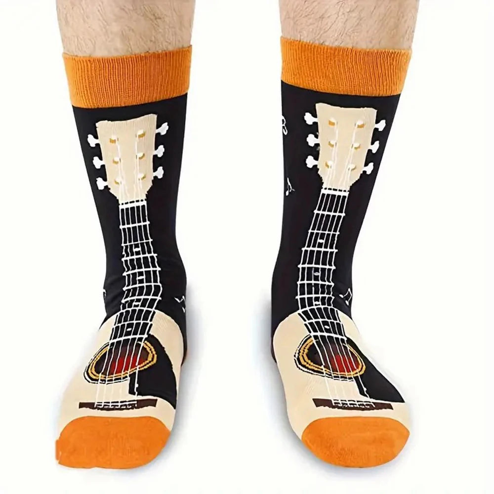Polyester Elastane Guitar Pattern Crew Socks
