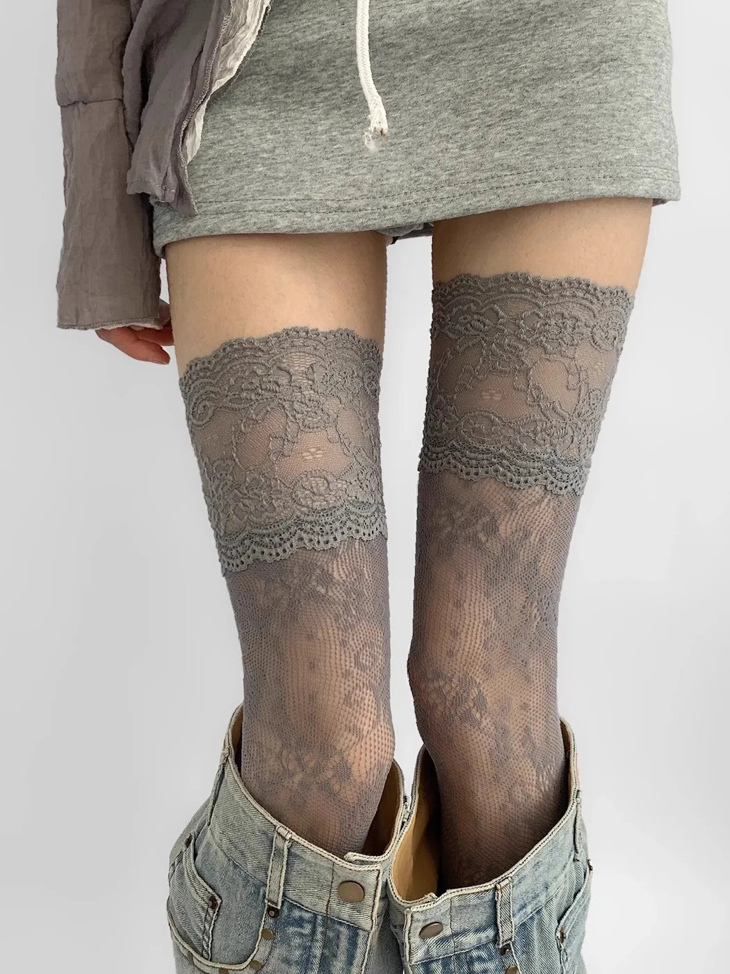 Floral Lace Over The Knee Stockings - 35