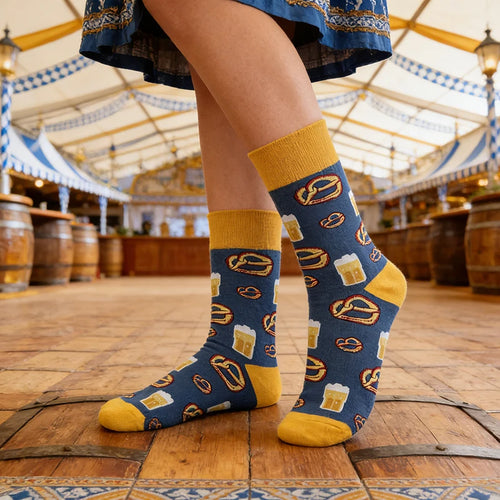 Cotton Blend Beer and Pretzel Print Crew Socks