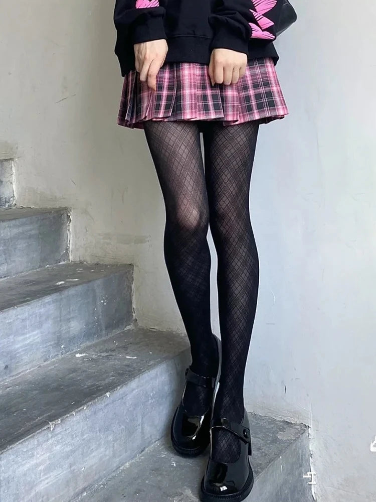 Black Plaid Pattern Polyester Elastane Womens Tights