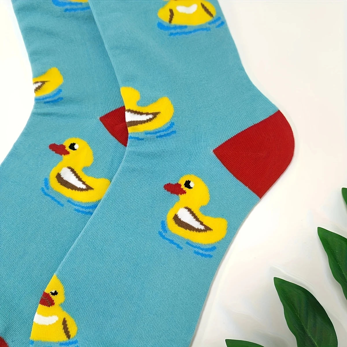 Cotton Blend Yellow Duck Pattern Casual Mid Calf Socks