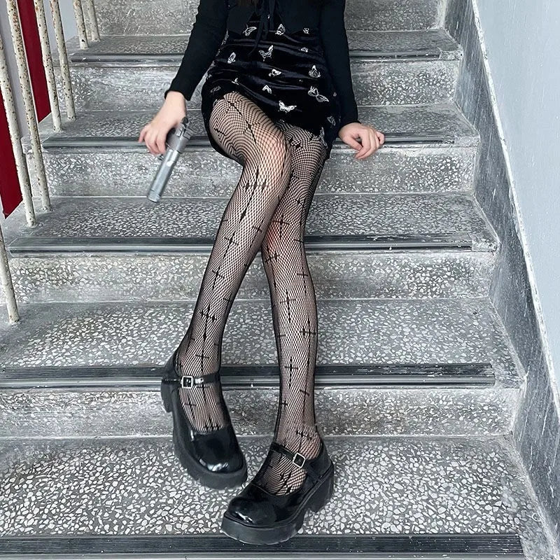 Nylon Cross Print Gothic Lolita Fishnet Tights