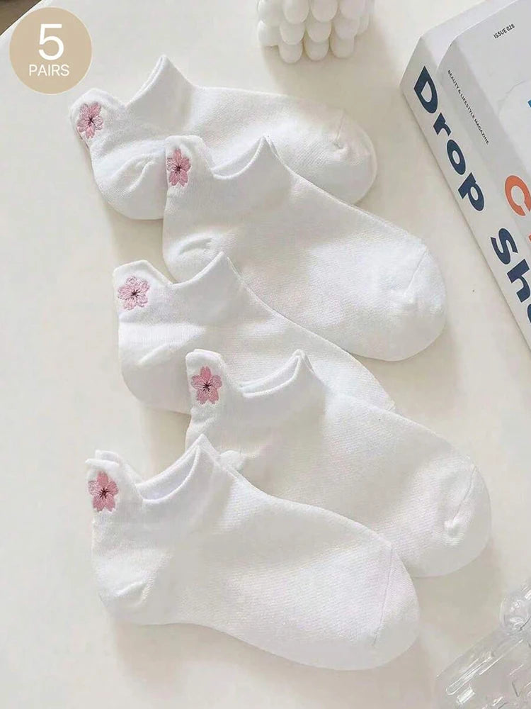 Polyester Blend Floral Print Low Cut Ankle Socks 5 Pack - 1