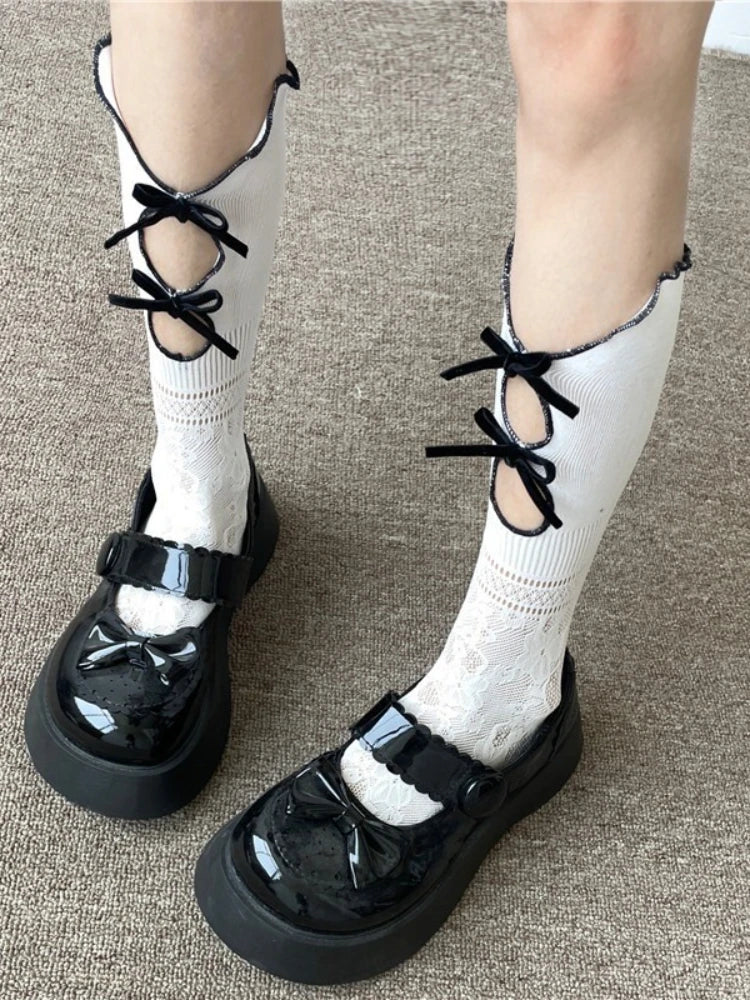 Nylon Elastane Ruffle Bowknot Calf Socks - 3
