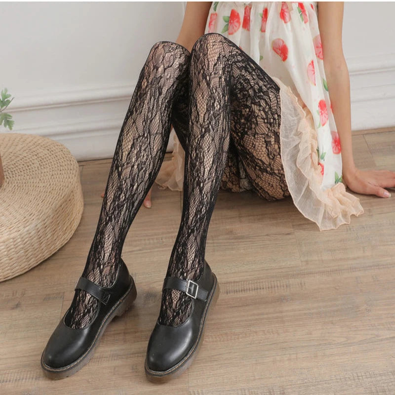 Nylon Floral Fishnet Stockings Breathable Lace Thigh High Tights - 4