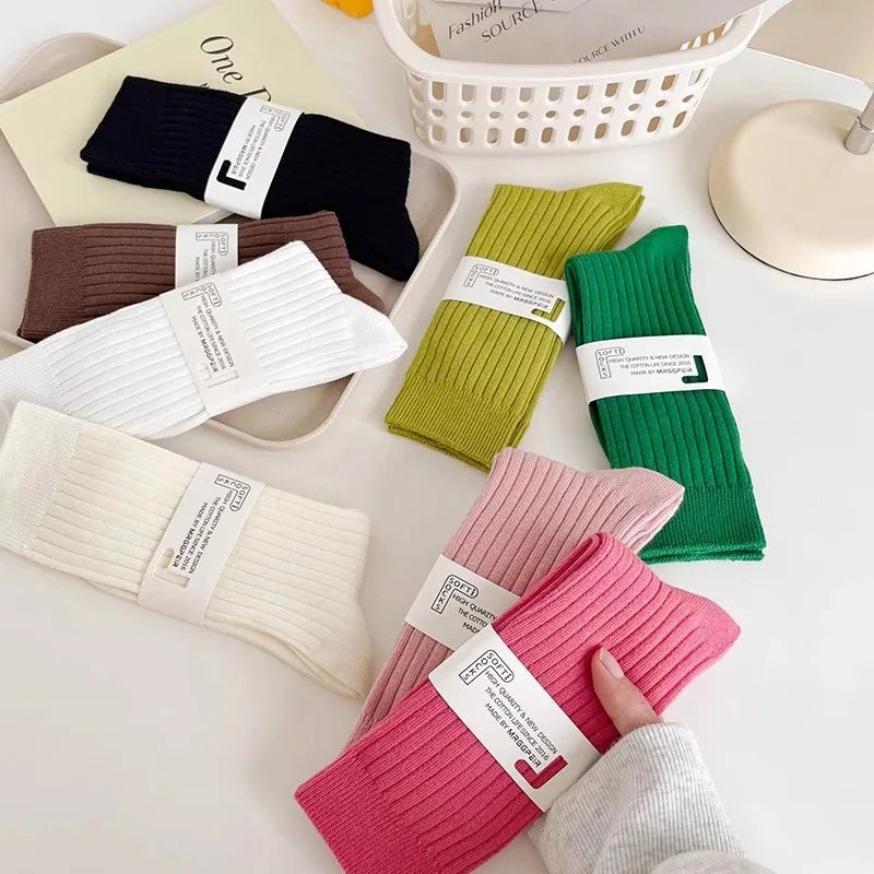 Cotton Blend Ribbed Crew Socks for Women