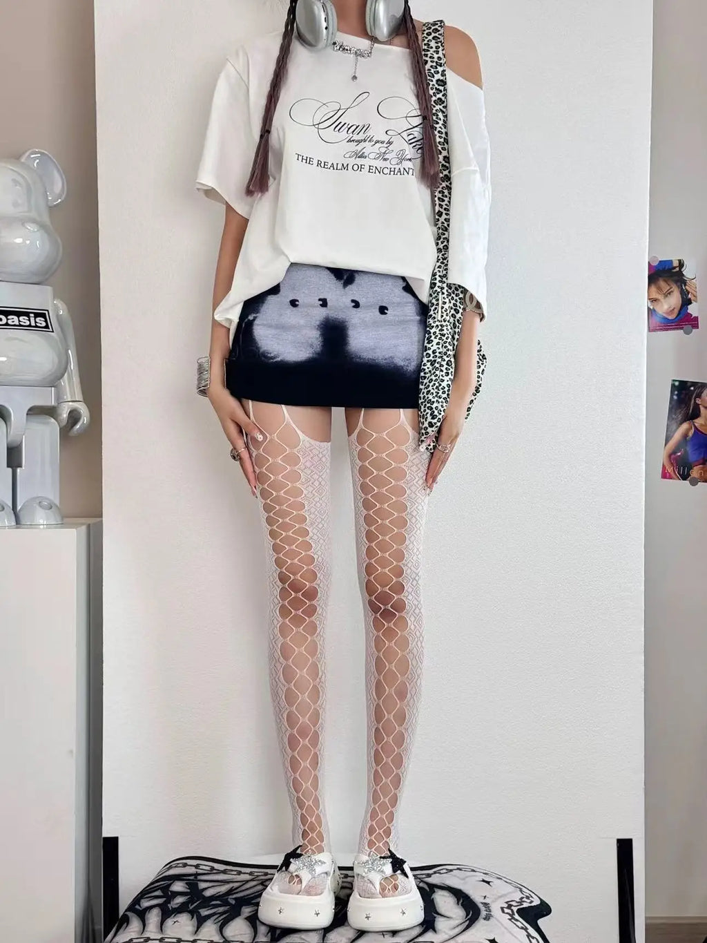 White Nylon Suspender Fishnet Pantyhose