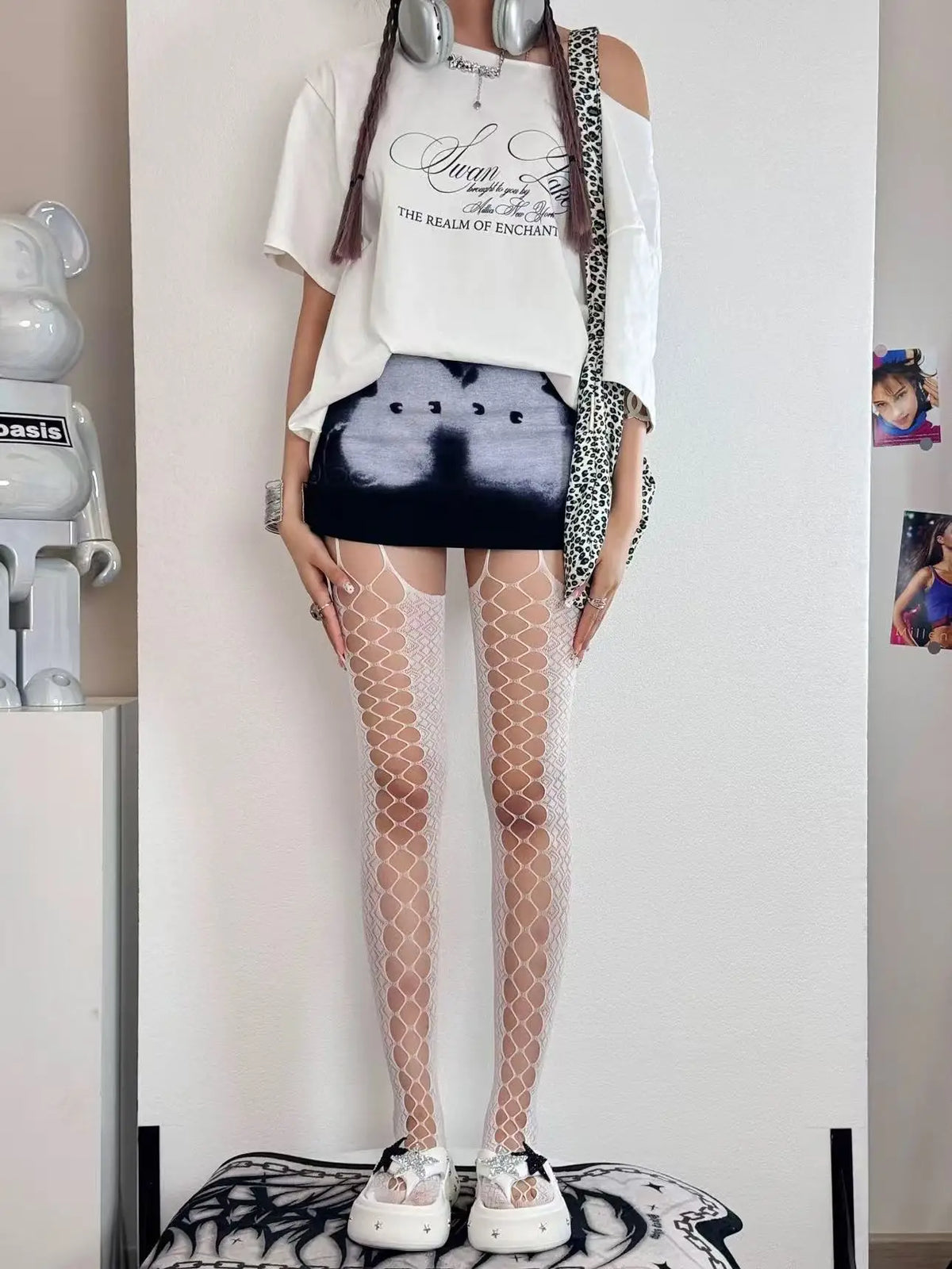 White Nylon Suspender Fishnet Pantyhose