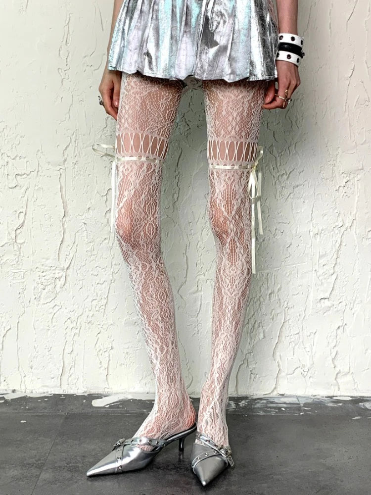 Nylon Bowknot Mesh Hollowed Out Pantyhose