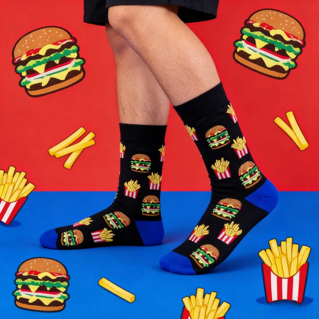 Polyester Elastane French Fry Burger Pattern Crew Socks