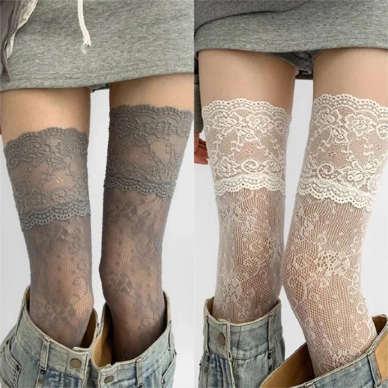Nylon Floral Lace Thigh High Stockings - 1