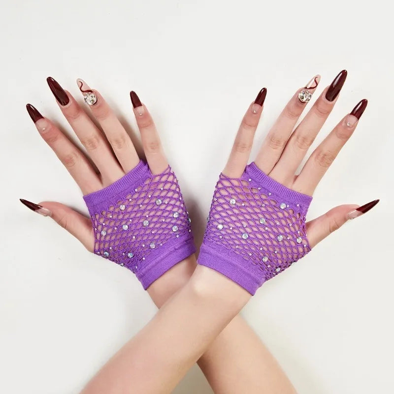 Nylon Elastane Rhinestone Fishnet Fingerless Gloves - 12