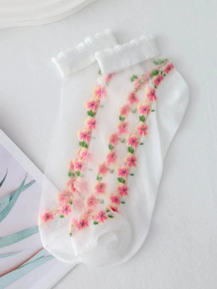 Floral Print Polyester Elastane Low Tube Casual Socks 7 Pairs - 16