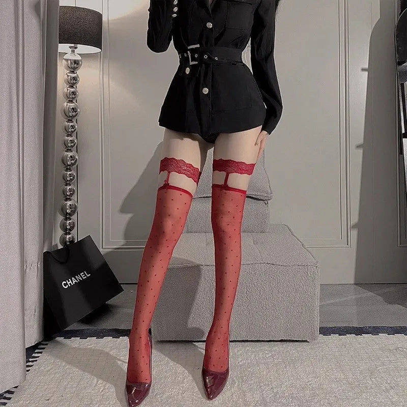 Nylon Lace Heart Pattern Thigh High Stockings With Bow Detail - 9