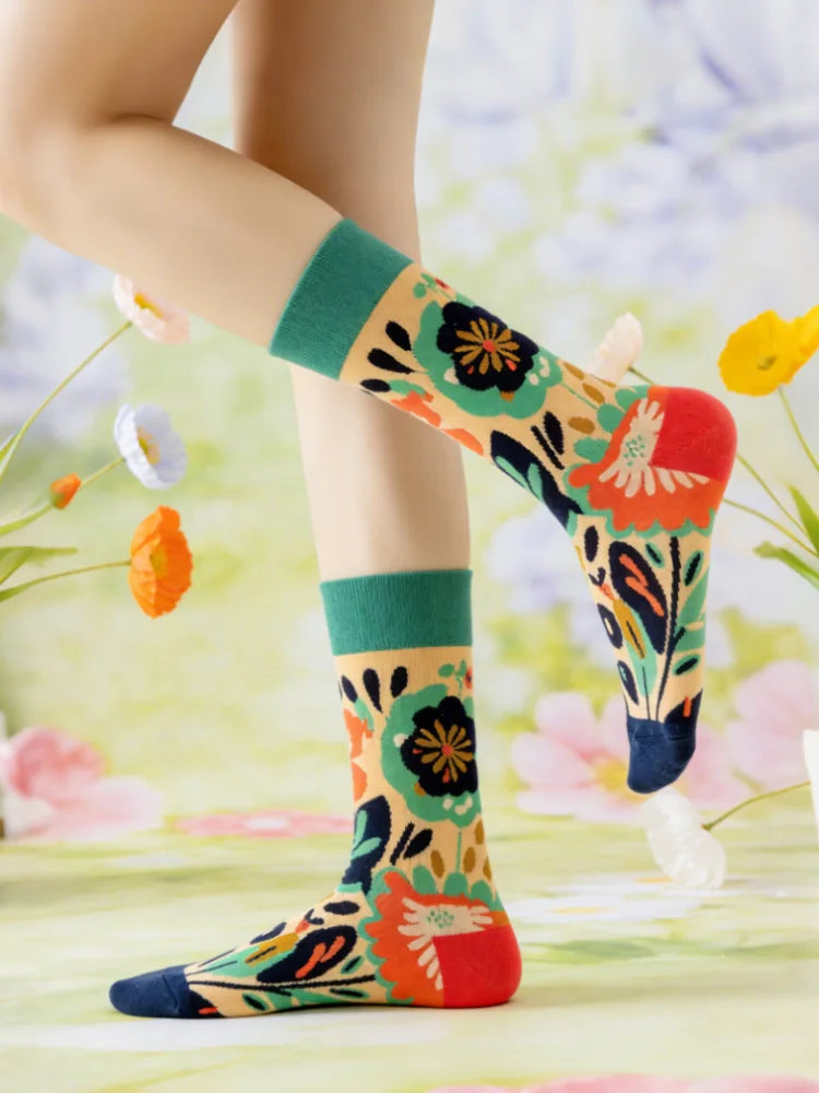 Cotton Blend Floral Mid Calf Casual Socks