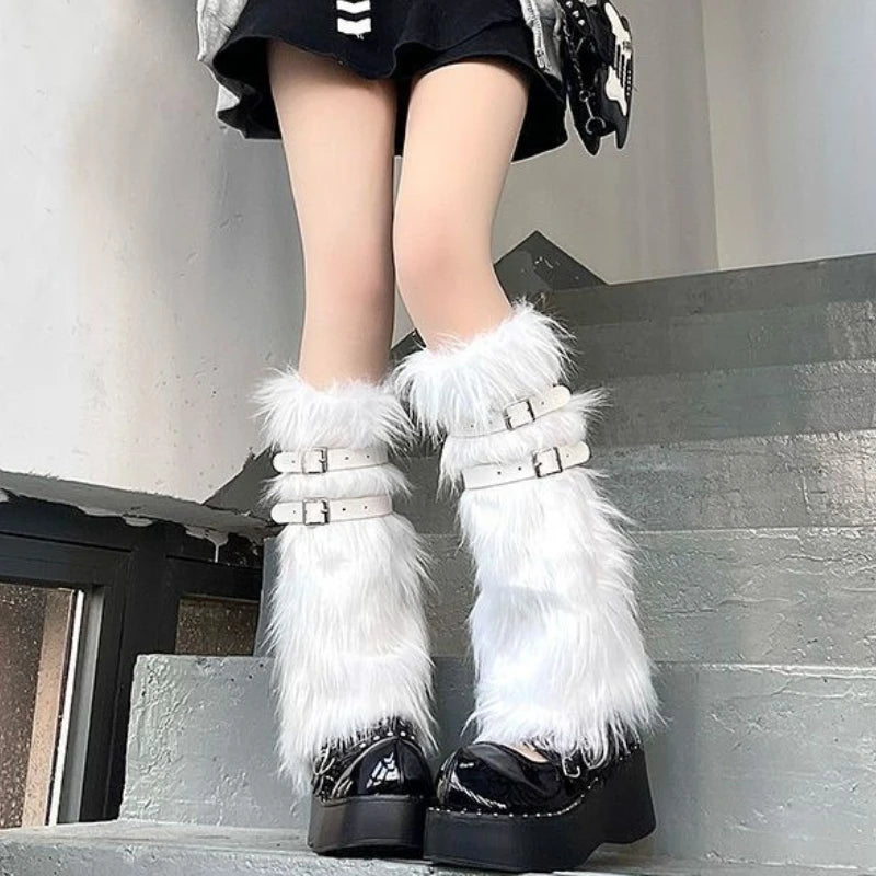 Faux Fur Leg Warmers With Buckle Straps