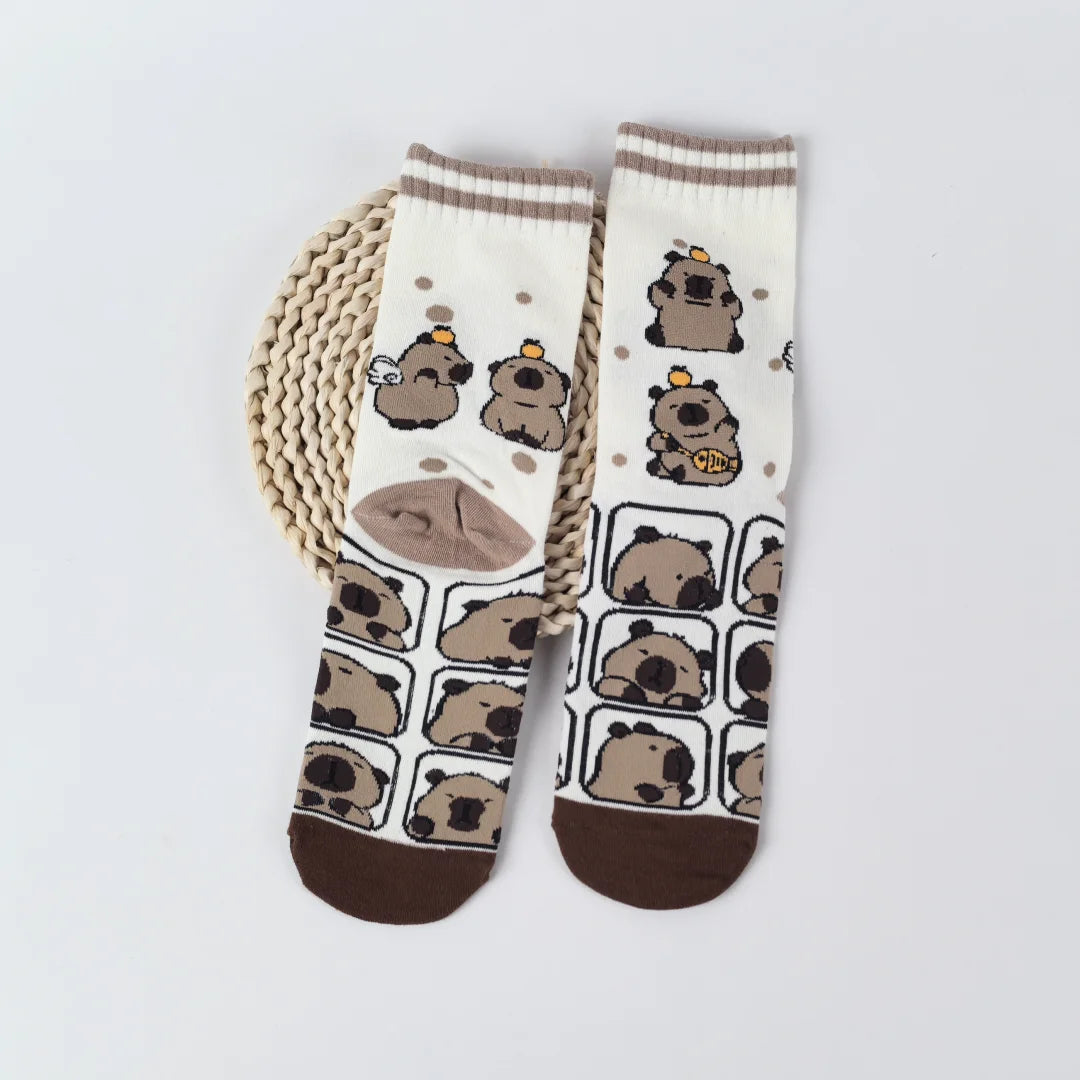 Cotton Blend Capybara Pattern Mid Calf Socks for Women