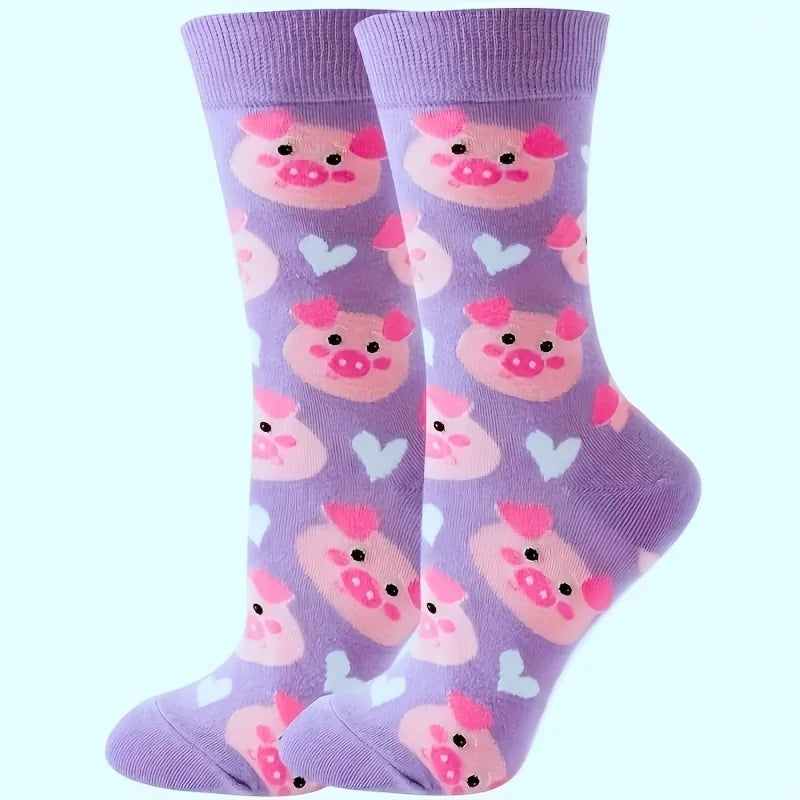 Polyester Elastane Cartoon Pig Crew Socks