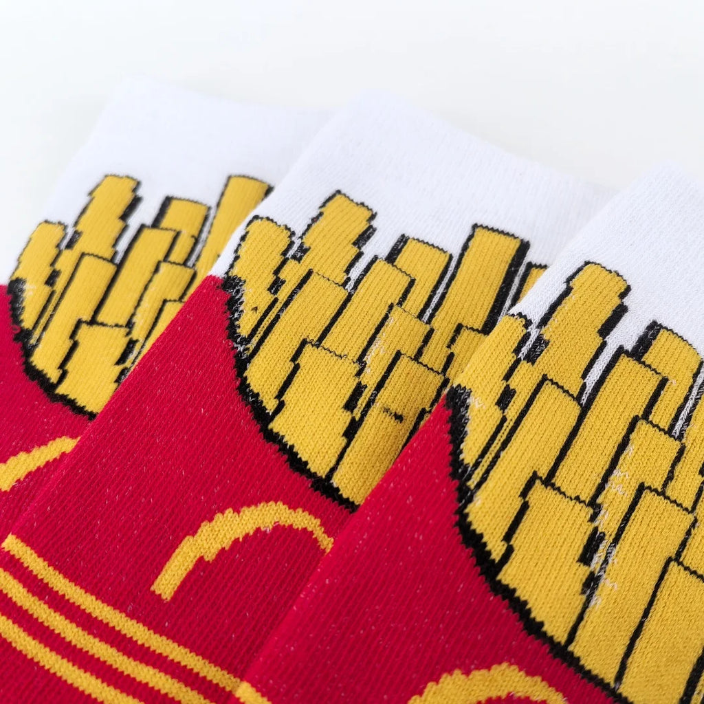 Polyester Elastane French Fries Print Unisex Mid Calf Socks 3 Pack