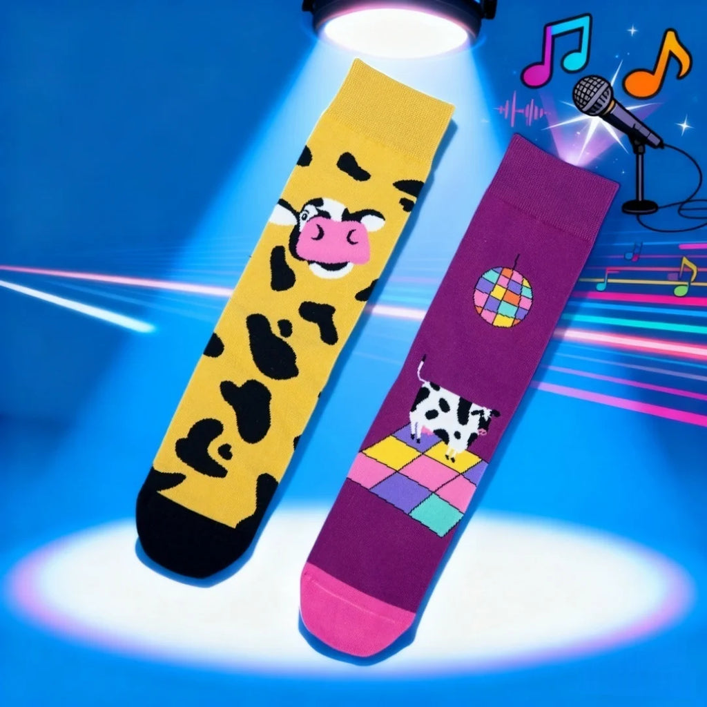 Cotton Blend Disco Cow Pattern Crew Socks