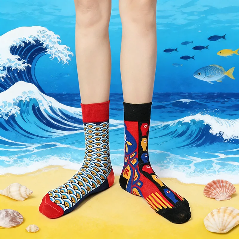 Koi Fish Print Cotton Blend Mid Calf Socks - 1