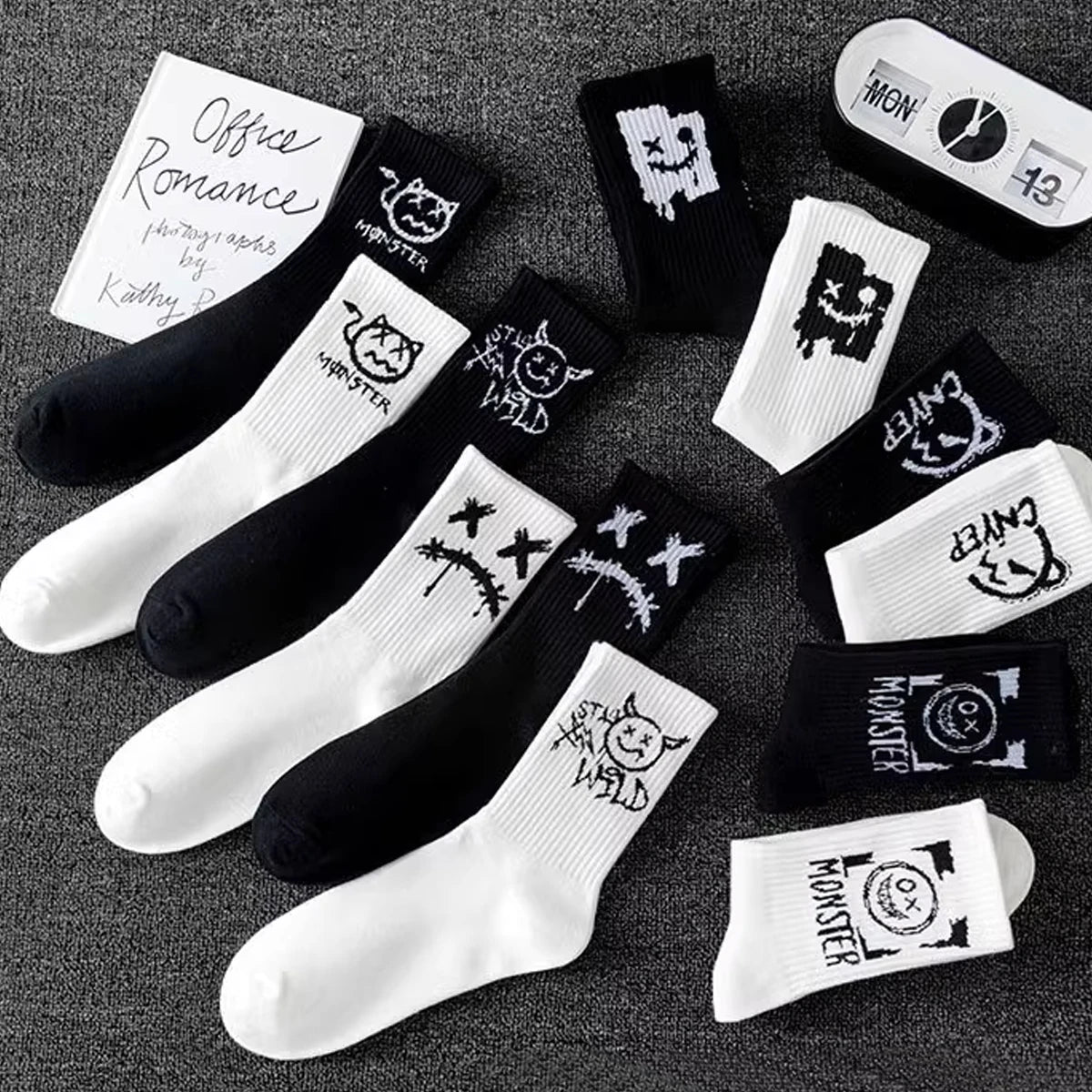 Polyester Elastane Cartoon Bear Crew Socks Five Pair Set