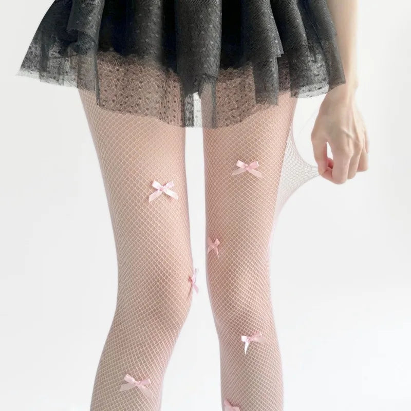 Nylon Bow Detail Fishnet Tights Women Sheer Stockings