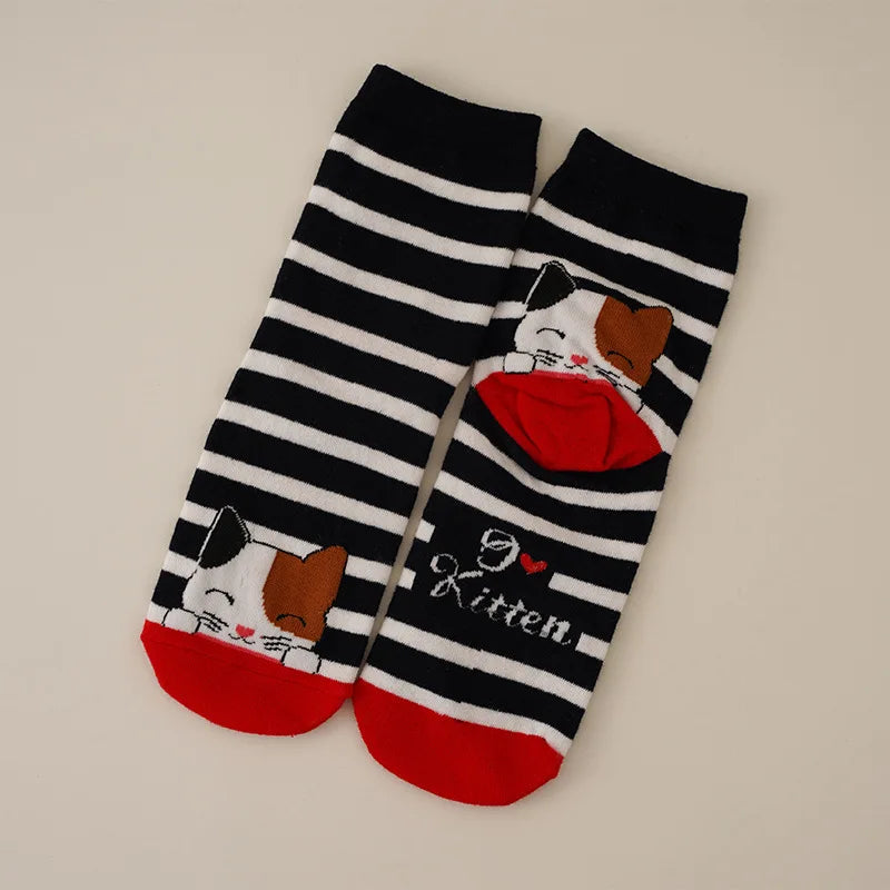 Cotton Blend Cat Pattern Casual Crew Socks for Women