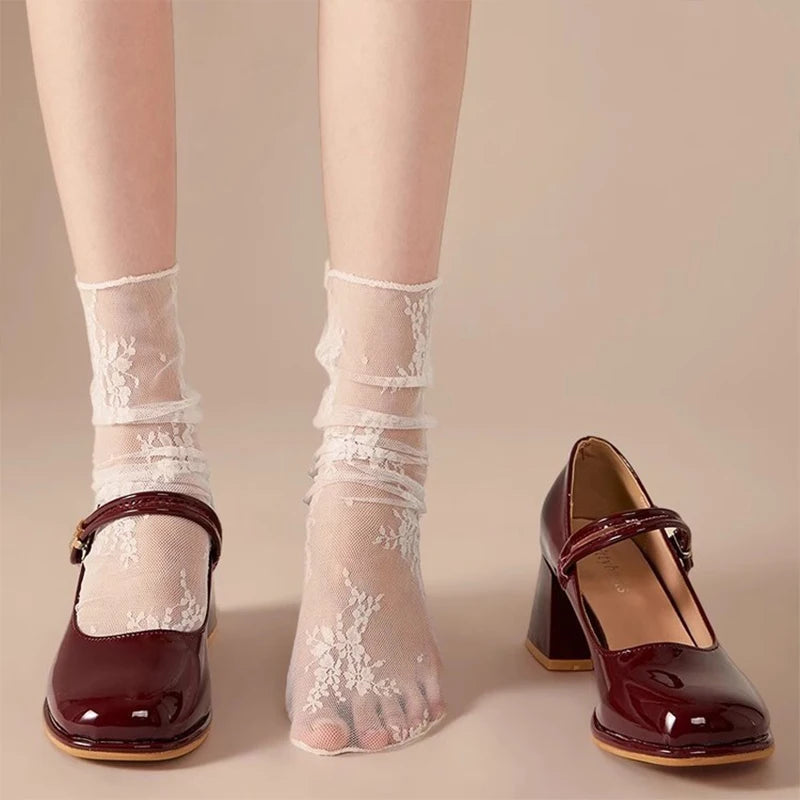 Floral Lace Sheer Mesh Ankle Socks - 1