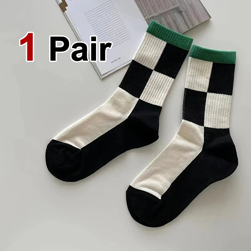 Polyester Elastane Checkerboard Print Casual Middle Tube Socks