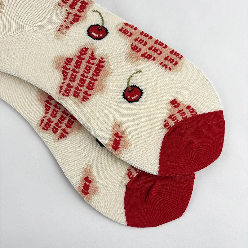 Cotton Blend Cat and Cherry Print Mid Calf Socks - 3