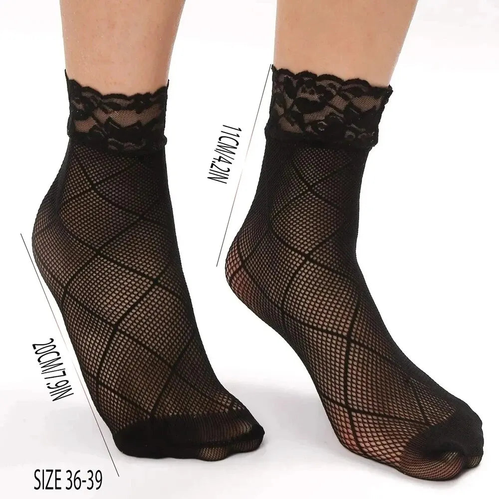 Polyester Elastane Mesh Lace Ankle Socks 5 Pairs