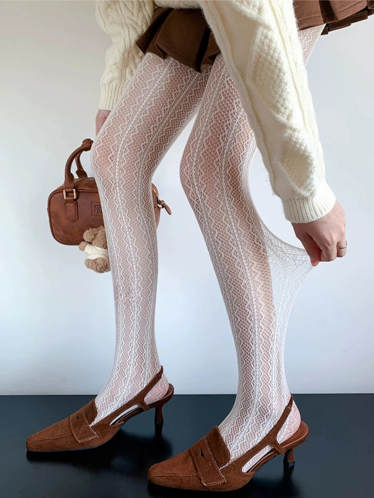 Nylon Elastane Jacquard Mesh Vertical Striped Tights