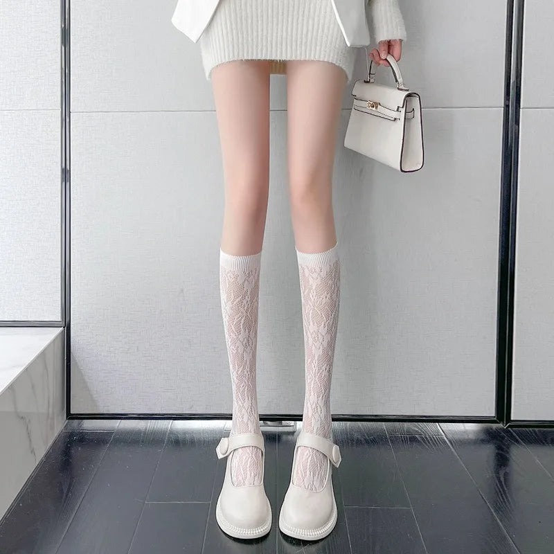 Floral Lace Calf Socks Women Nylon Knit Hosiery