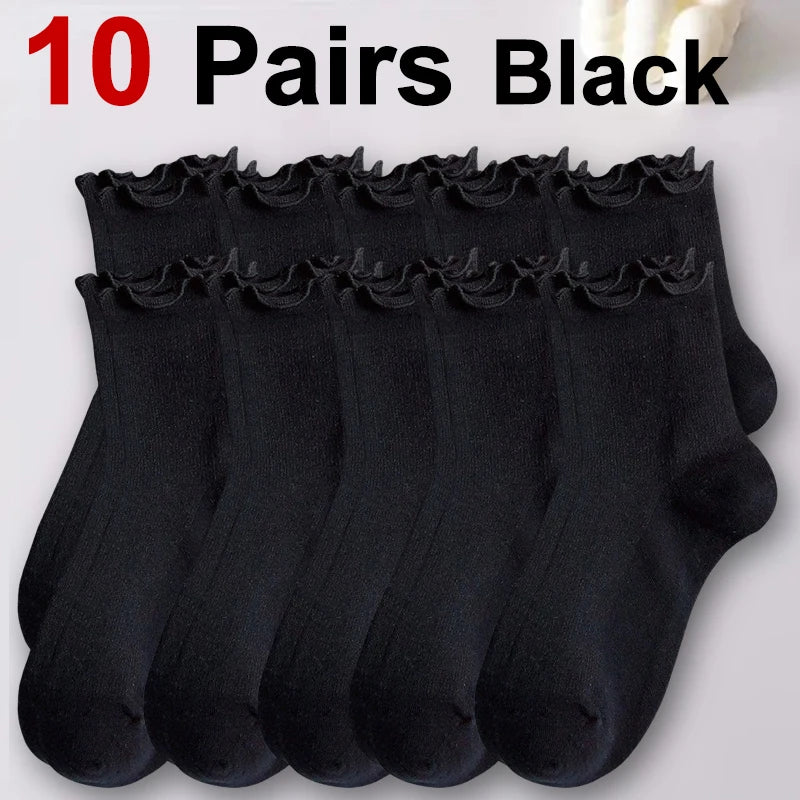Polyester Elastane Ruffle Trim Mid Tube Socks for Women