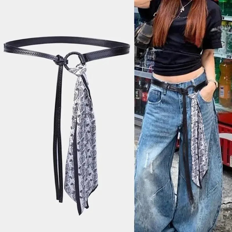 PU Leather Belt with Detachable Silk Scarf Waist Accessory