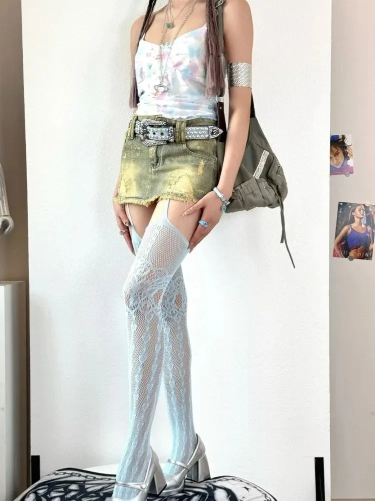 Nylon Elastane Heart Patterned Fishnet Thigh High Stockings