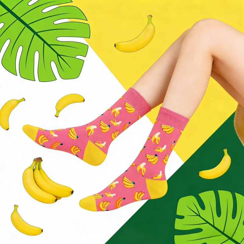 Cotton Blend Banana Print Mid Calf Casual Socks - 1