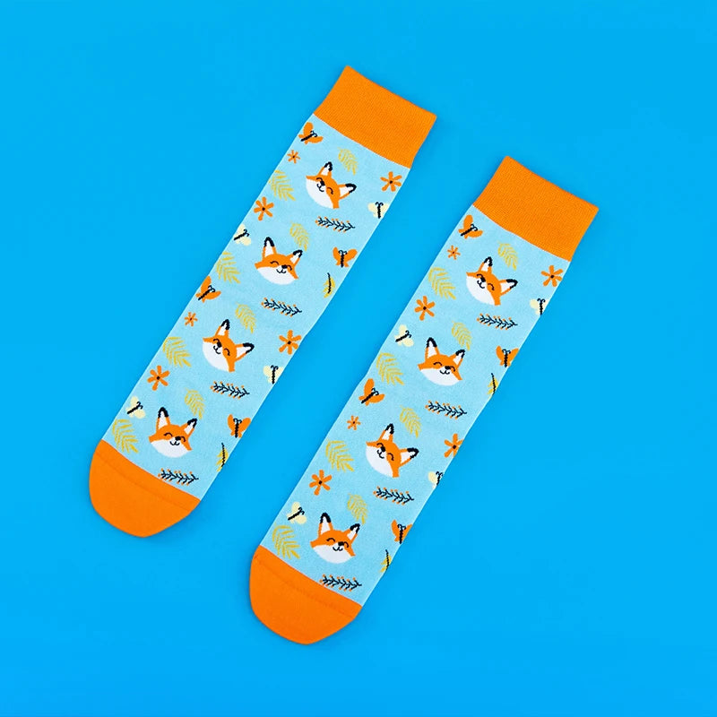 Cotton Blend Fox Print Mid Calf Socks - 6