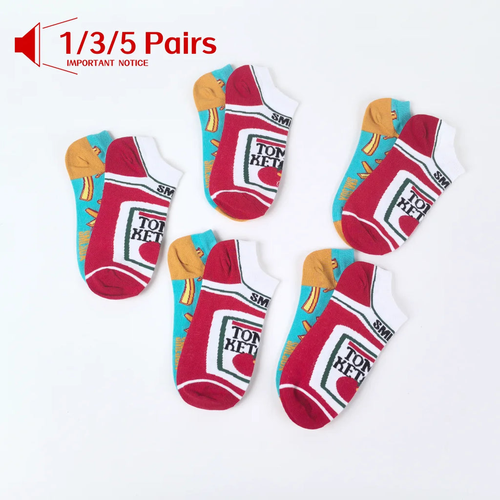 Cotton Blend Unisex Novelty French Fry And Ketchup Pattern Ankle Socks