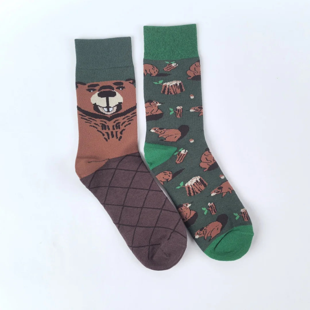 Cotton Blend Cartoon Animal Crew Socks - 8