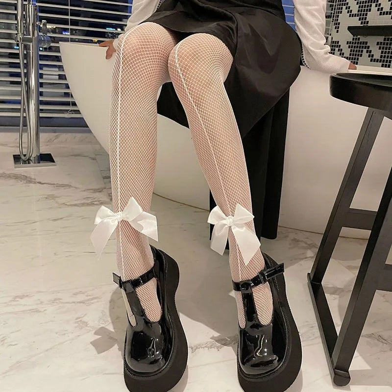 Elastane Polyamide Mesh Bow Detail Fishnet Tights for Women