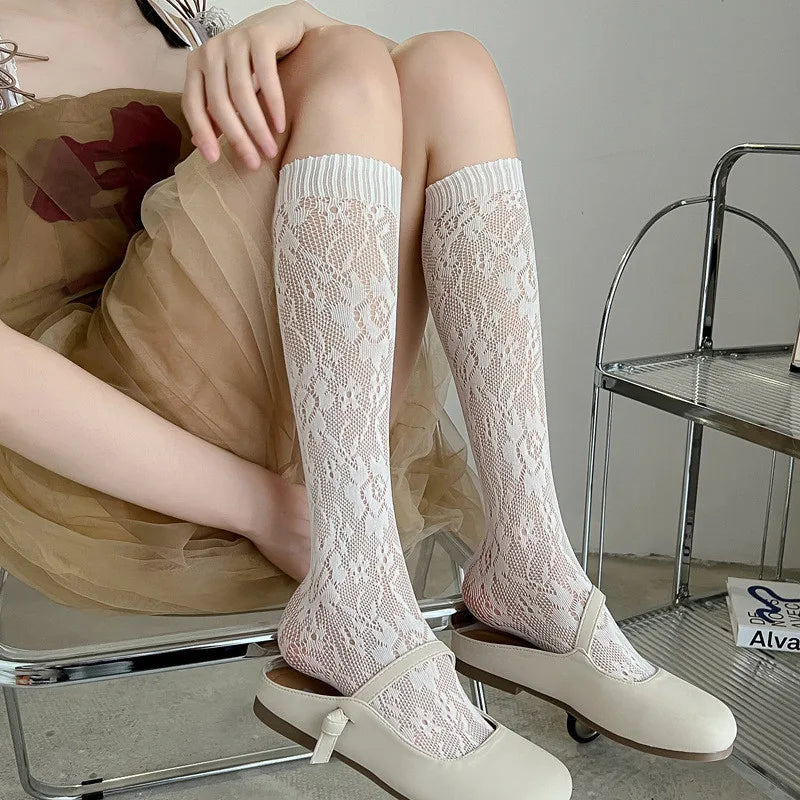 Women Nylon Floral Lace Mid Calf Socks