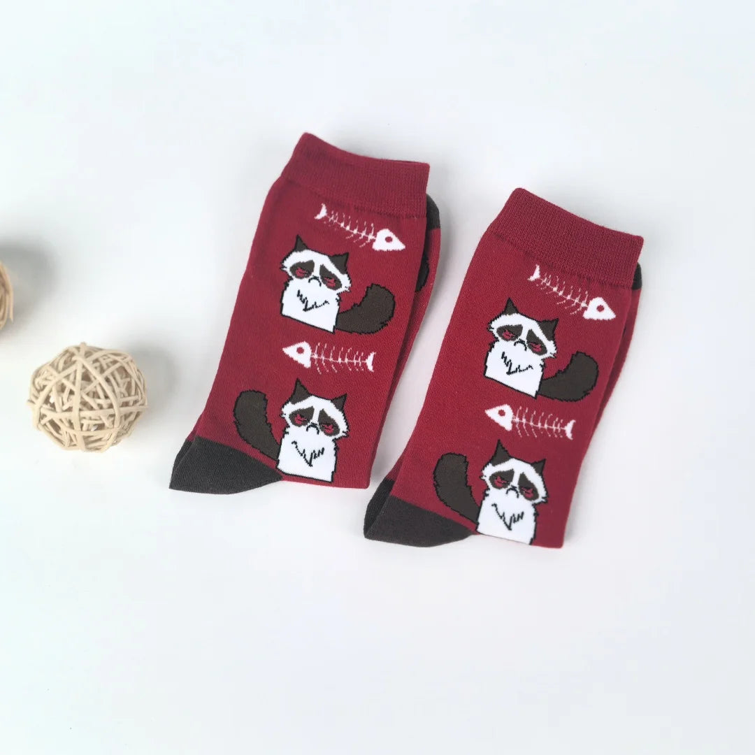 Cotton Polyester Cat Print Mid Calf Socks - 4