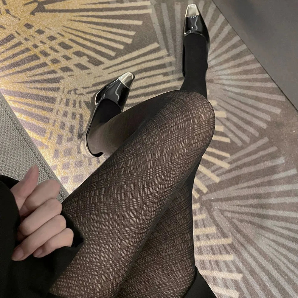 Black Plaid Pattern Polyester Elastane Womens Tights